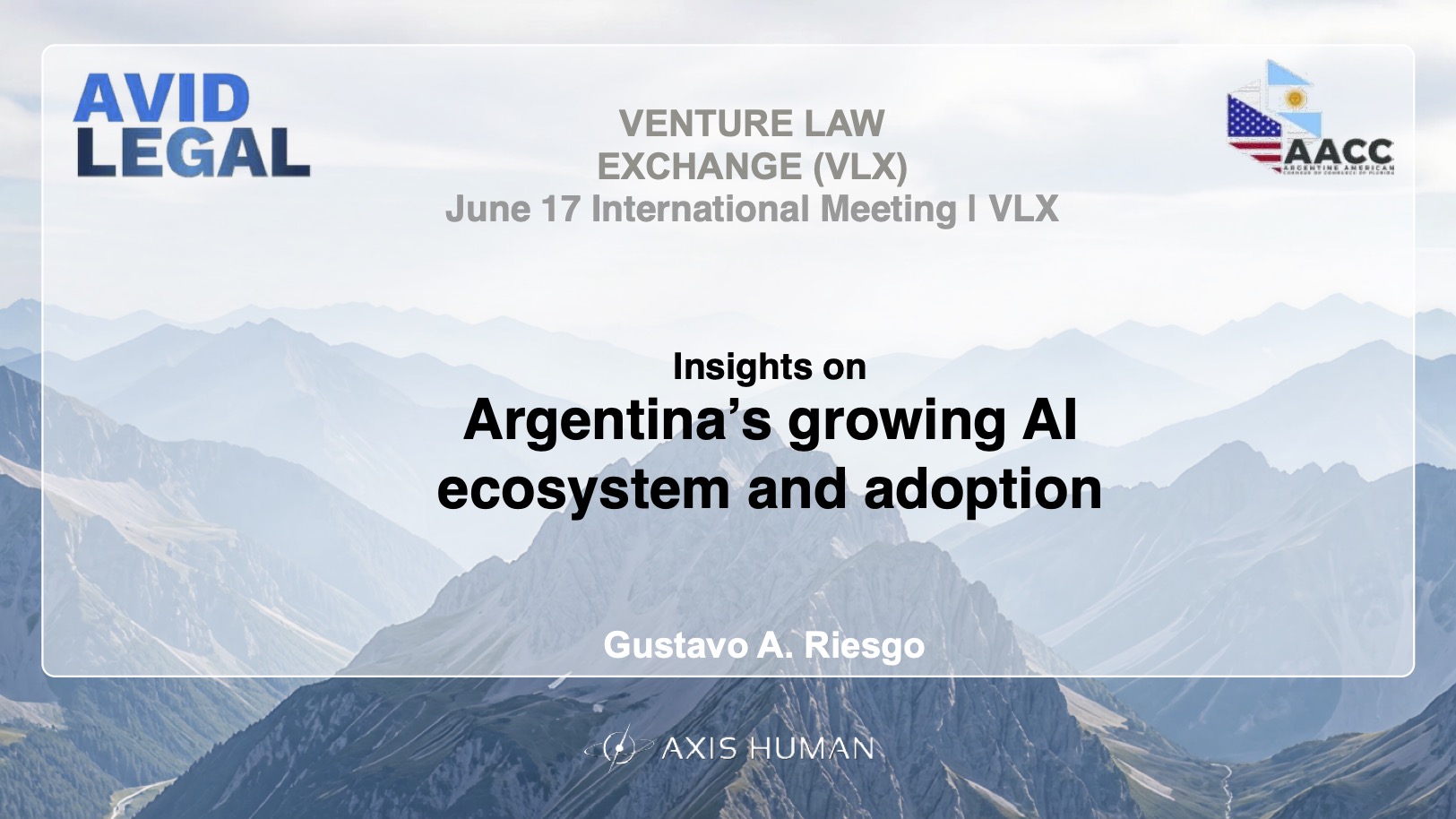 Diapositiva de Gustavo A. Riesgo sobre el ecosistema de IA argentino para Venture Law Exchange