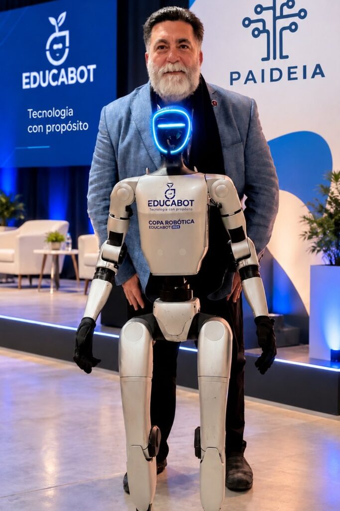 Gustavo Riesgo junto al robot humanoide de la Copa Robótica Educabot 2026, frente a los isologos de Educabot y PAIDEIA
